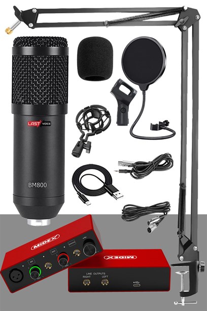 Midex Glx Paket-3 BM800 Mikrofon + Stüdyo Ses Kartı + Stand + Filtre