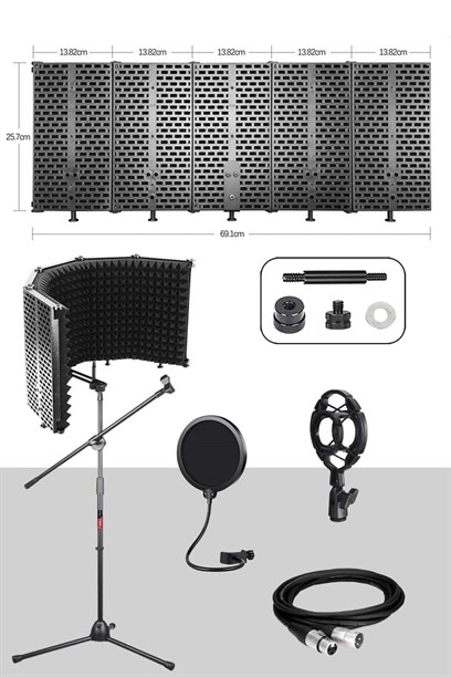 Midex PF-43X Set Mikrofon Ses Yalıtım Paneli (69x26cm) Stand Filtre Shock Mount XLR Kablo Sünger