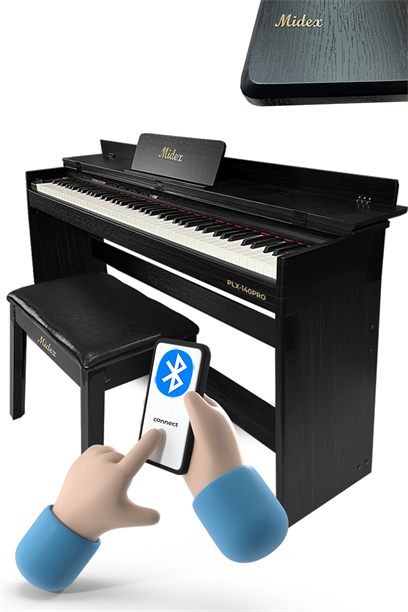 Midex PLX-140 PRO-BK Dijital Piyano Bluetooth Tuş Hassasiyeti 88 Tuşlu Kapaklı (Kulaklık ve Tabure)