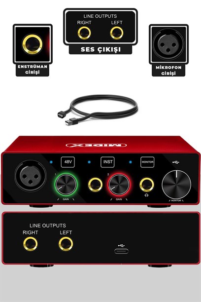 Midex Special Paket-3 Stüdyo Ekipmanları Ses Kartı Condenser Mikrofon Kulaklık Stand Full Set