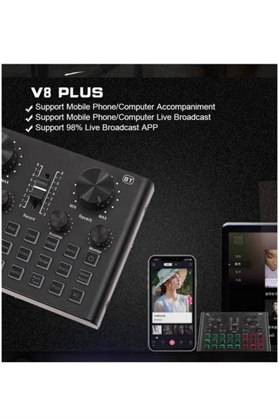 Midex VS8 PLUS Canlı Yayın Ses Kartı Efektli Radyo Mikseri (Telefon ve PC Podcast Radyo Yayıncılar)