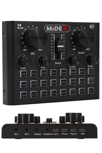 Midex VS8 PLUS Canlı Yayın Ses Kartı Efektli Radyo Mikseri (Telefon ve PC Podcast Radyo Yayıncılar)