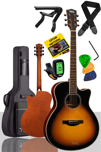 Midex XC-400 Sunburs Akustik Gitar 4/4 Yetişkin Boy (Çanta Tuner Askı Capo)