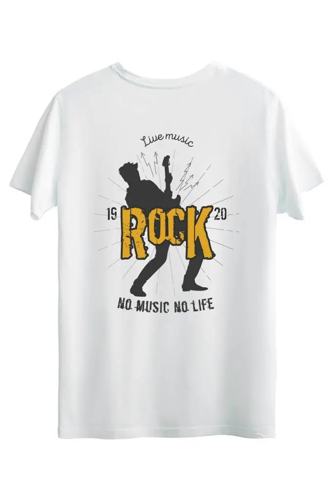 Bellance Gitar Baskılı Slim Fit Tişört Bisiklet Yaka T-Shirt - Beyaz