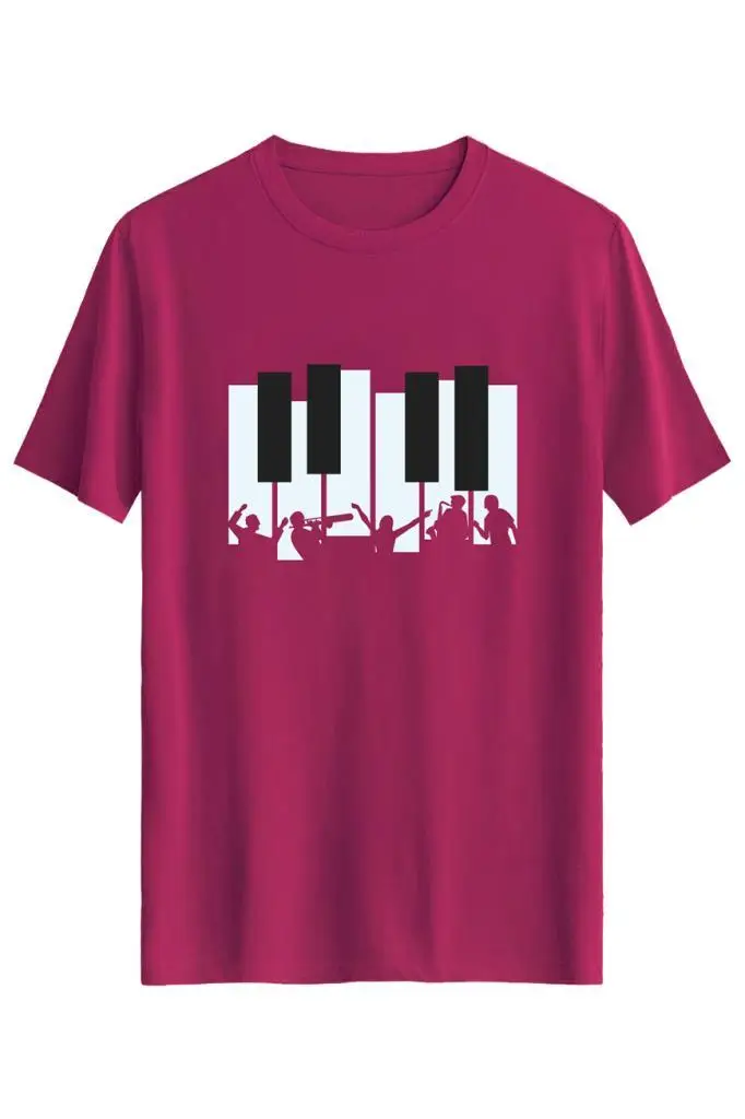 Bellance Piyano Baskılı Slim Fit Tişört Bisiklet Yaka T-Shirt - Pembe