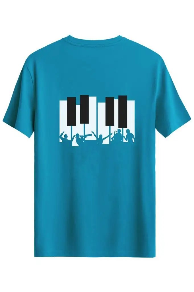 Bellance Piyano Baskılı Slim Fit Tişört Bisiklet Yaka T-Shirt - Mavi