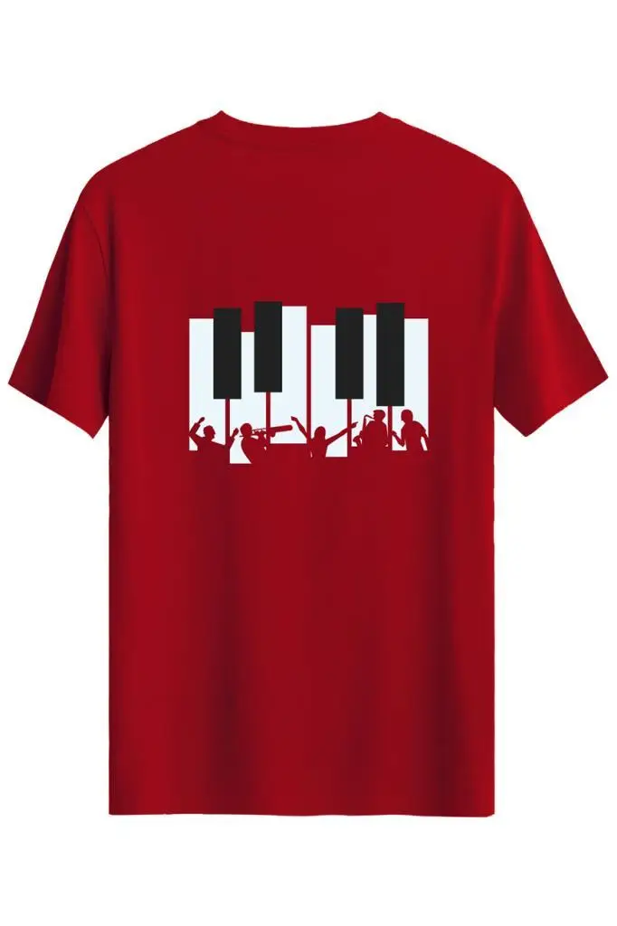 Bellance Piyano Baskılı Slim Fit Tişört Bisiklet Yaka T-Shirt - Kırmızı