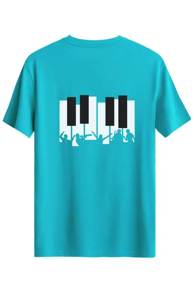 Bellance Piyano Baskılı Slim Fit Tişört Bisiklet Yaka T-Shirt - Açık Mavi