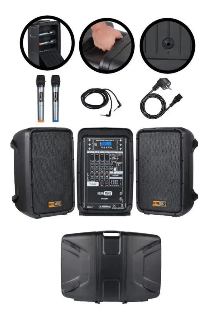 Hepa Merz Potent Kompakt Portatif Ses Sistemi Mixer Çift Hoparlör ve Çift Mikrofon 1000W
