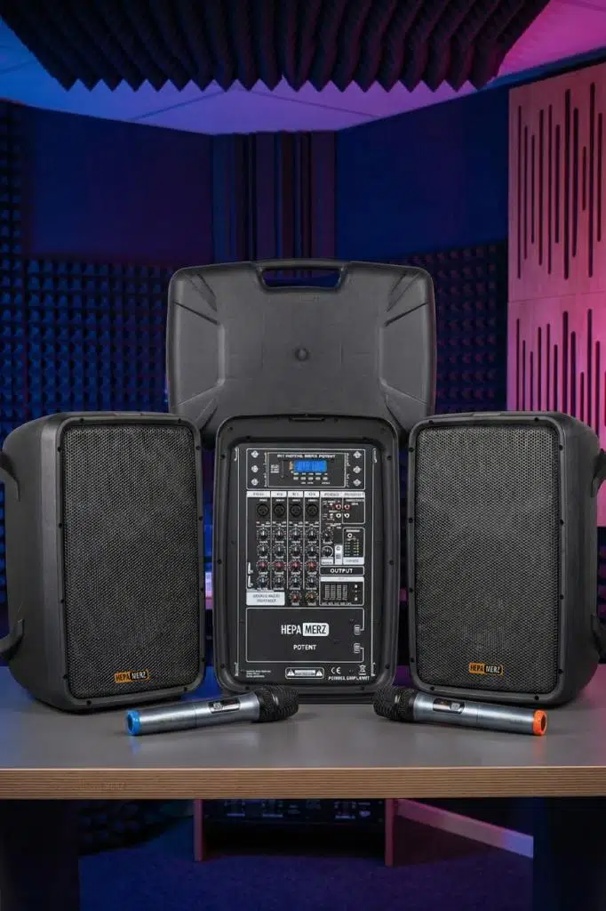 Hepa Merz Potent Kompakt Portatif Ses Sistemi Mixer Çift Hoparlör ve Çift Mikrofon 1000W