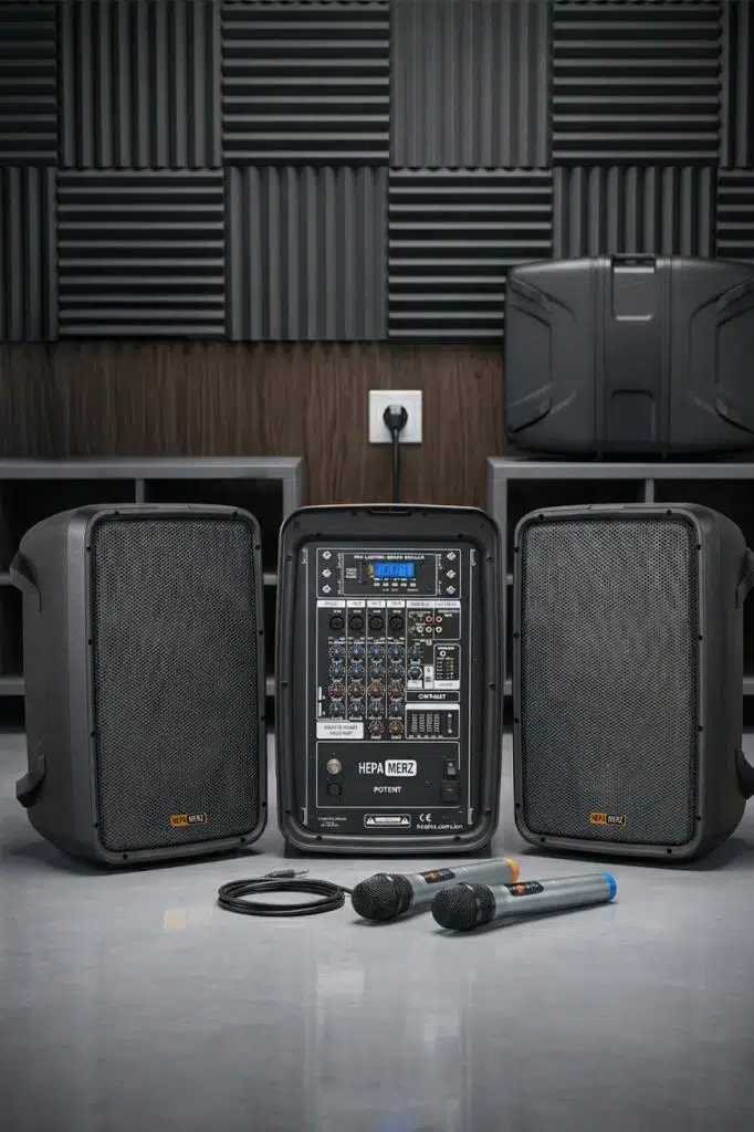 Hepa Merz Potent Kompakt Portatif Ses Sistemi Mixer Çift Hoparlör ve Çift Mikrofon 1000W