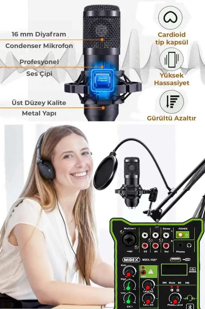 Lastvoice BM800 Functional Paket-1 Stüdyo Mikrofon Ses Kartlı Mikser Kulaklık Stand