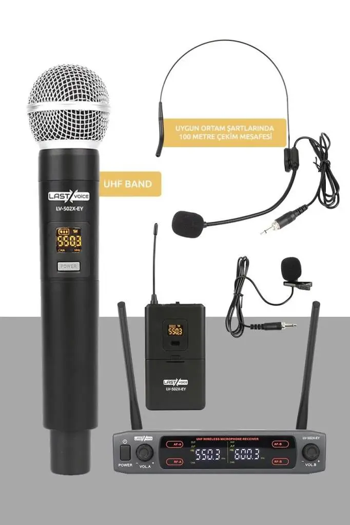 Lastvoice Lv-502EH UHF Dijital 2x30 Kanal Çiftli EL Yaka Headset Telsiz Kablosuz Mikrofon