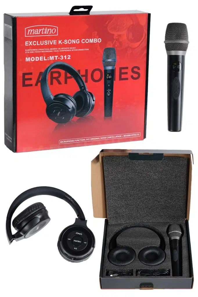Martino MT-312 Kablosuz Mikrofon Referans Kulaklık Karaoke Seti TWS Özellikli