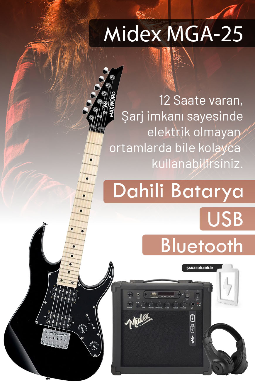 Maxword DE-150BK-25AMP Maple Klavye HH Yüksek Kaliteli 25W Amfili Elektro Gitar Seti