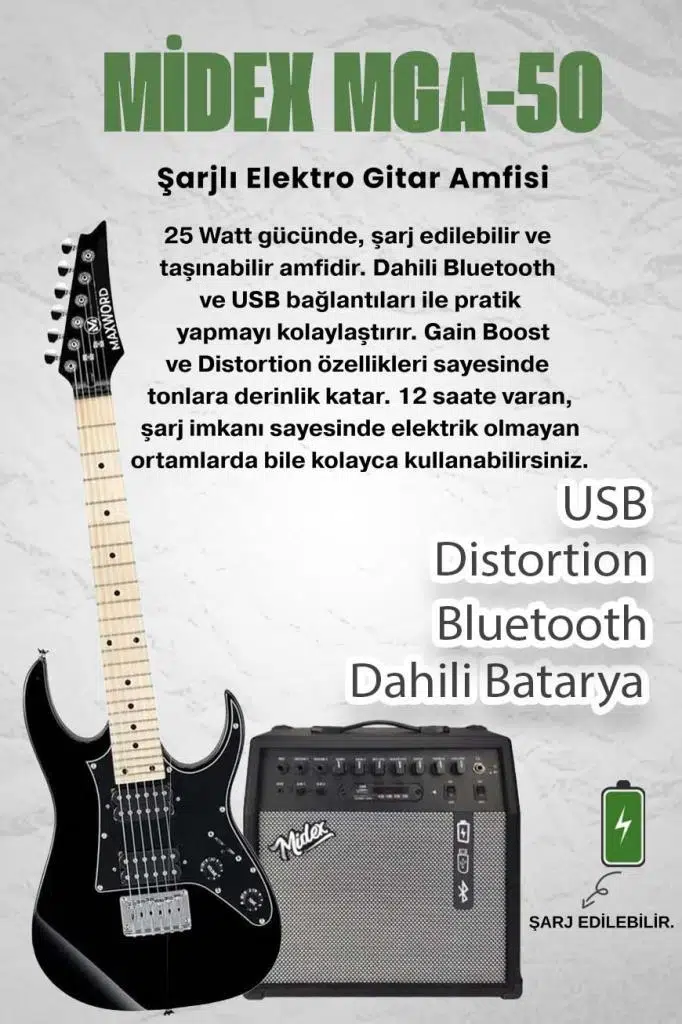 Maxword DE-150BK-50AMP Maple Klavye HH Yüksek Kaliteli 50W Amfili Elektro Gitar Seti