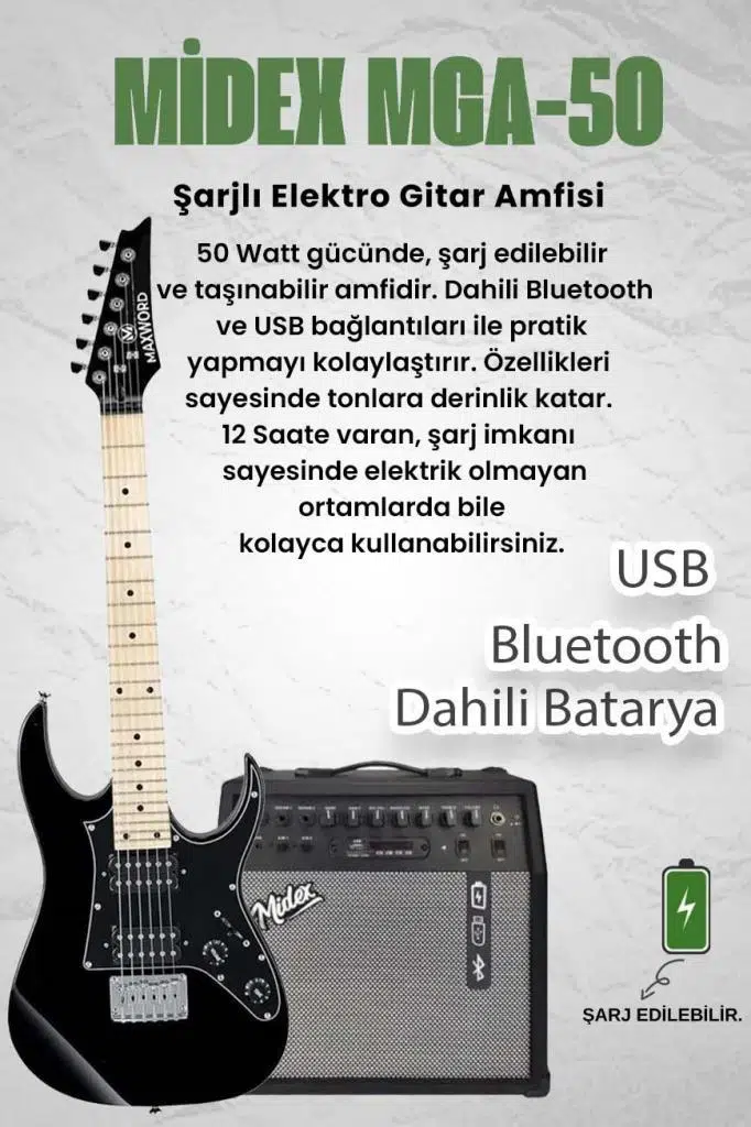 Maxword DE-150BK-50AMP Maple Klavye HH Yüksek Kaliteli 50W Amfili Elektro Gitar Seti