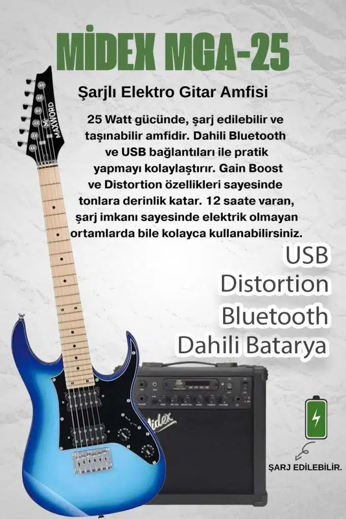 Maxword DE-150BL-25AMP Maple Klavye HH Yüksek Kaliteli 25W Amfili Elektro Gitar Seti