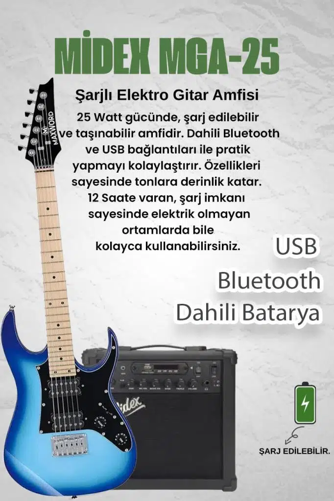Maxword DE-150BL-25AMP Maple Klavye HH Yüksek Kaliteli 25W Amfili Elektro Gitar Seti