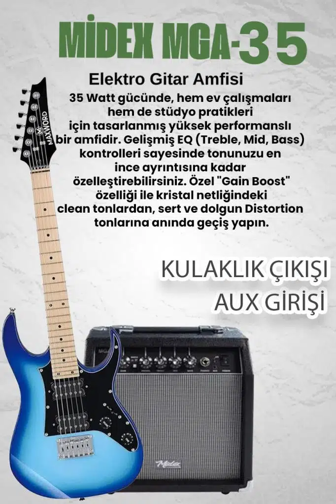 Maxword DE-150BL-35AMP Maple Klavye HH Yüksek Kaliteli 35W Amfili Elektro Gitar Seti