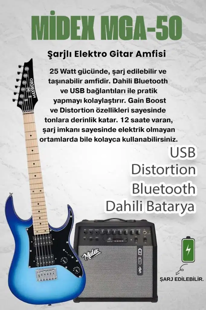 Maxword DE-150BL-50AMP Maple Klavye HH Yüksek Kaliteli 50W Amfili Elektro Gitar Seti