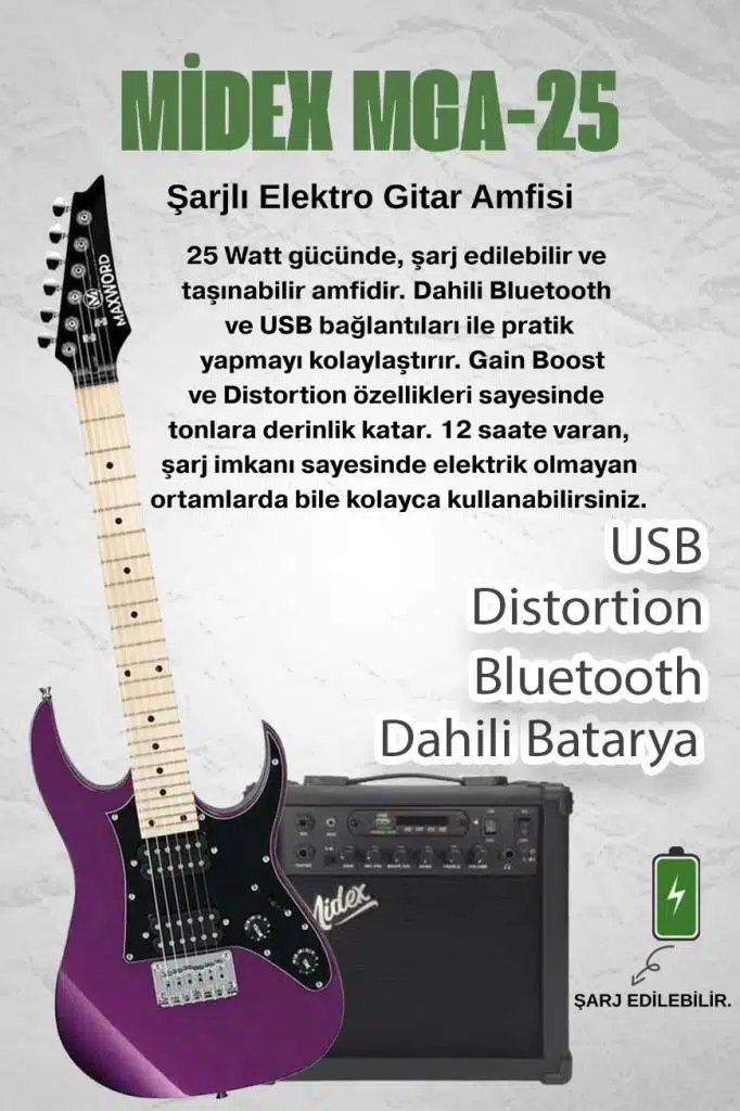 Maxword DE-150PU-25AMP Maple Klavye HH Yüksek Kaliteli 25W Amfili Elektro Gitar Seti