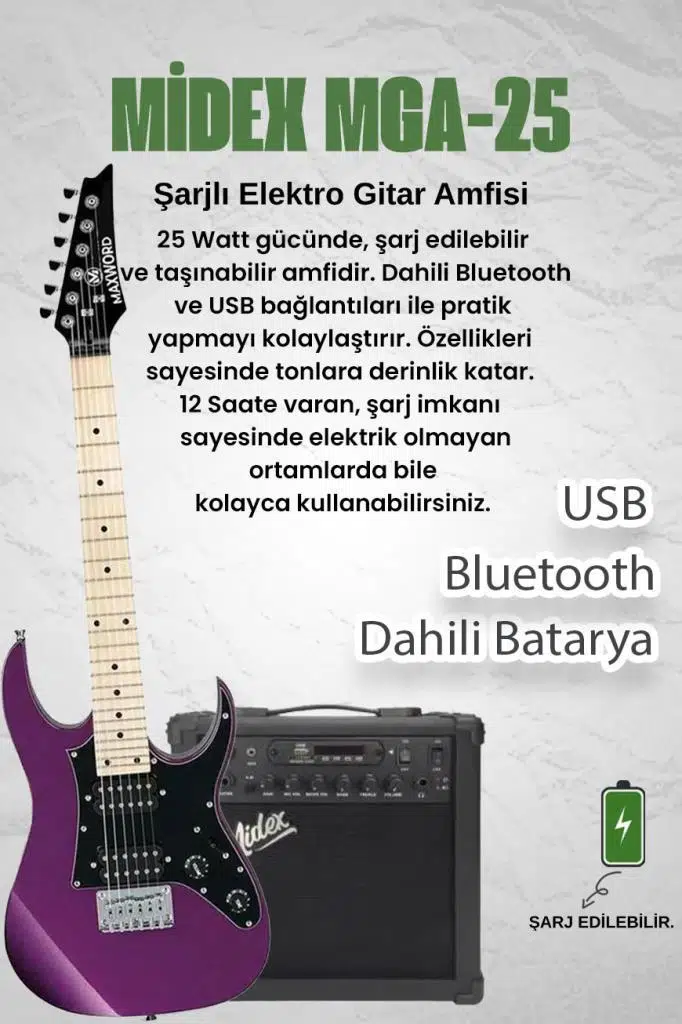 Maxword DE-150PU-25AMP Maple Klavye HH Yüksek Kaliteli 25W Amfili Elektro Gitar Seti