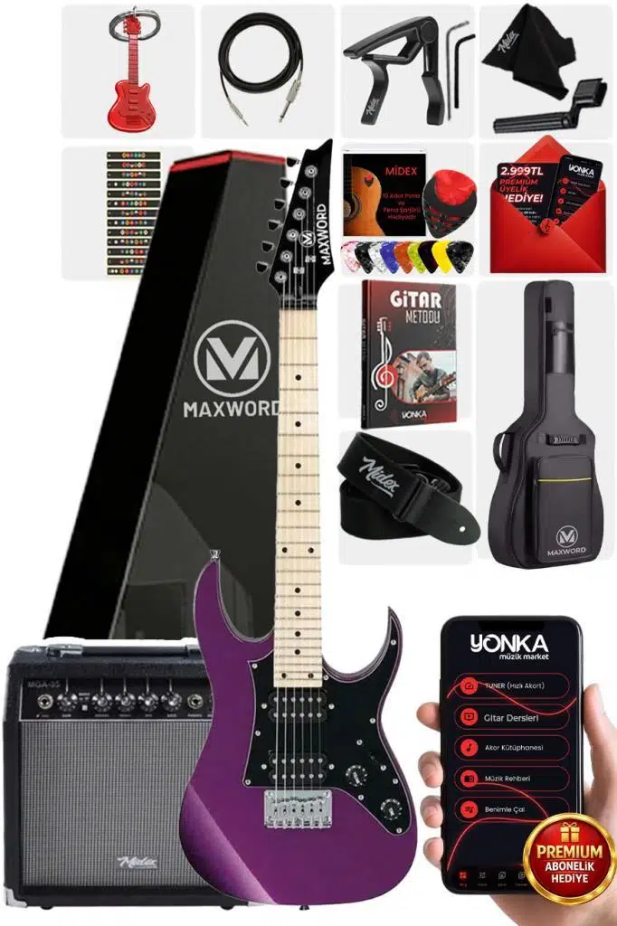 Maxword DE-150PU-35AMP Maple Klavye HH Yüksek Kaliteli 35W Amfili Elektro Gitar Seti