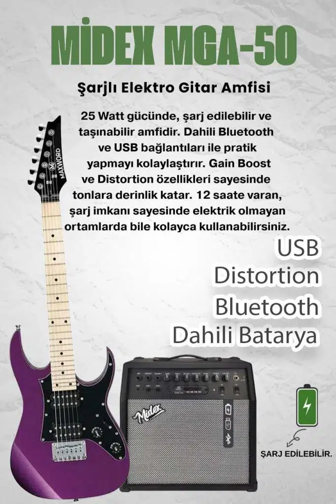 Maxword DE-150PU-50AMP Maple Klavye HH Yüksek Kaliteli 50W Amfili Elektro Gitar Seti
