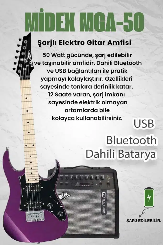 Maxword DE-150PU-50AMP Maple Klavye HH Yüksek Kaliteli 50W Amfili Elektro Gitar Seti