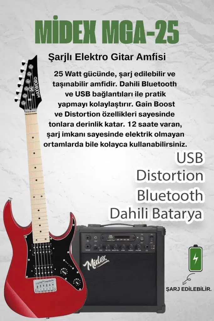 Maxword DE-150RD-25AMP Maple Klavye HH Yüksek Kaliteli 25W Amfili Elektro Gitar Seti