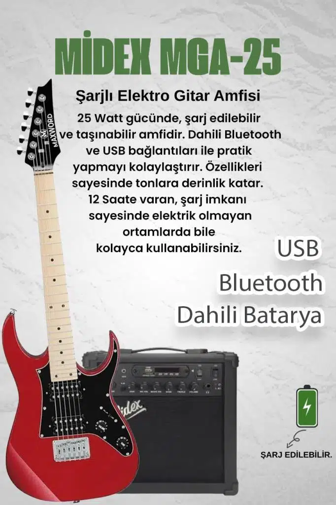 Maxword DE-150RD-25AMP Maple Klavye HH Yüksek Kaliteli 25W Amfili Elektro Gitar Seti