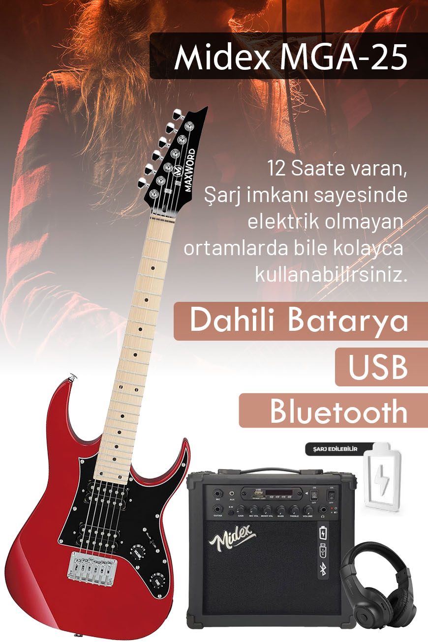 Maxword DE-150RD-25AMP Maple Klavye HH Yüksek Kaliteli 25W Amfili Elektro Gitar Seti