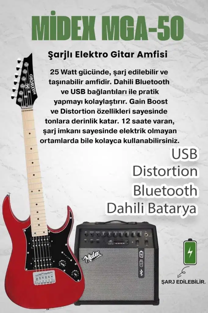 Maxword DE-150RD-50AMP Maple Klavye HH Yüksek Kaliteli 50W Amfili Elektro Gitar Seti