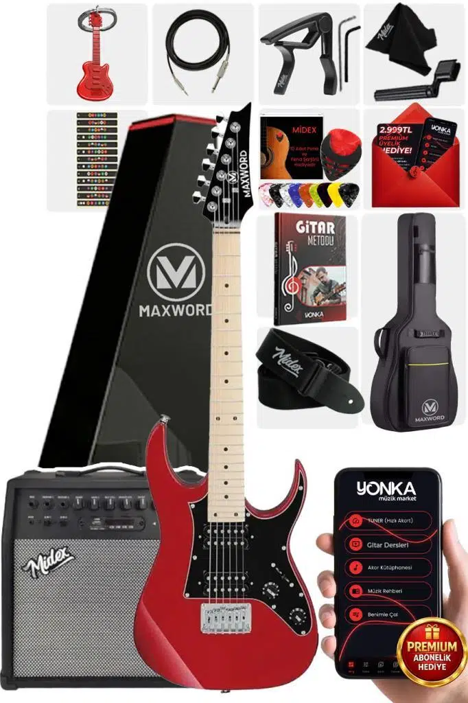 Maxword DE-150RD-50AMP Maple Klavye HH Yüksek Kaliteli 50W Amfili Elektro Gitar Seti