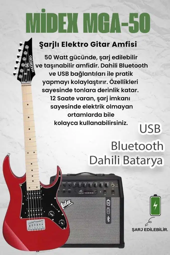 Maxword DE-150RD-50AMP Maple Klavye HH Yüksek Kaliteli 50W Amfili Elektro Gitar Seti