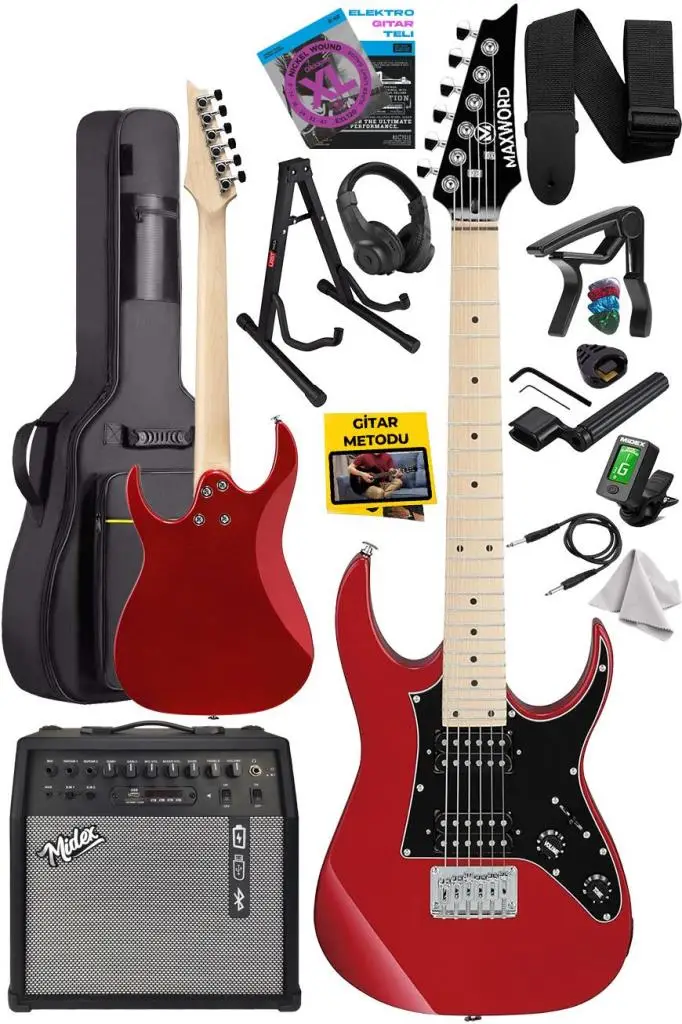Maxword DE-150RD-50AMP Maple Klavye HH Yüksek Kaliteli 50W Amfili Elektro Gitar Seti