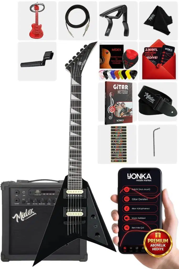 Maxword DG-28BK-25AMP V Kasa Gül Klavye 2x Zebra Humbucker Manyetik 25W Amfili Elektro Gitar