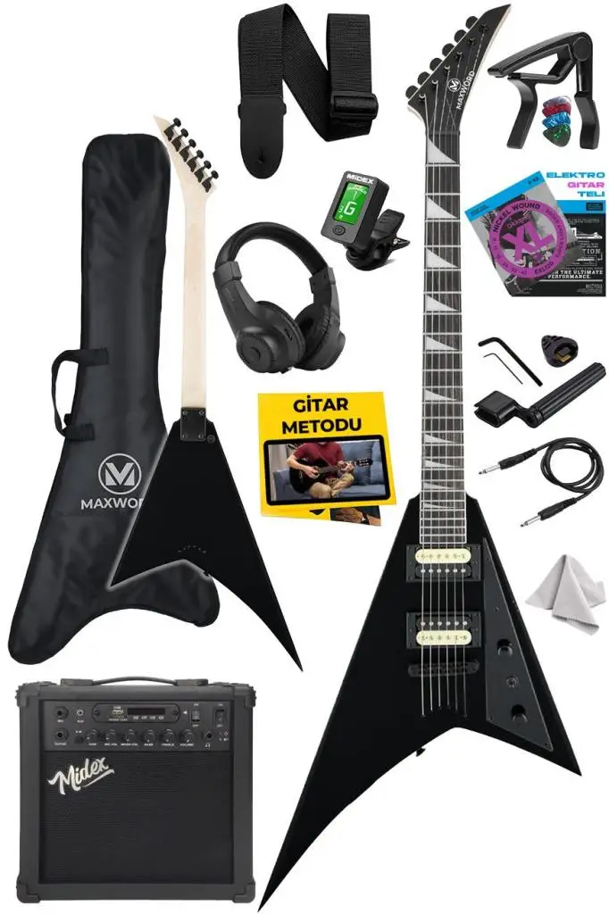 Maxword DG-28BK-25AMP V Kasa Gül Klavye 2x Zebra Humbucker Manyetik 25W Amfili Elektro Gitar