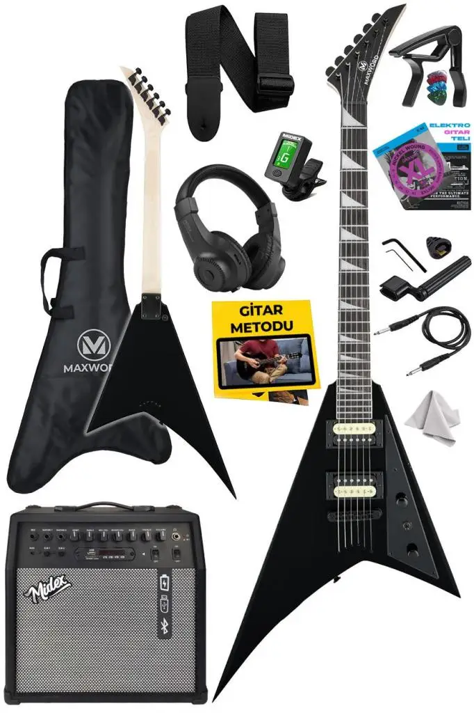 Maxword DG-28BK-50AMP V Kasa Gül Klavye 2x Zebra Humbucker Manyetik 50W Amfili Elektro Gitar