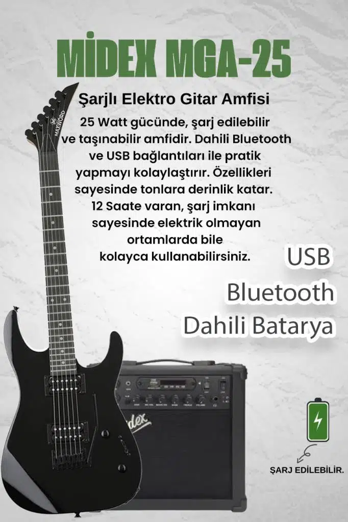 Maxword Grade-25AMP Black Rosewood Yüksek Kalite 25W Amfili Elektro Gitar