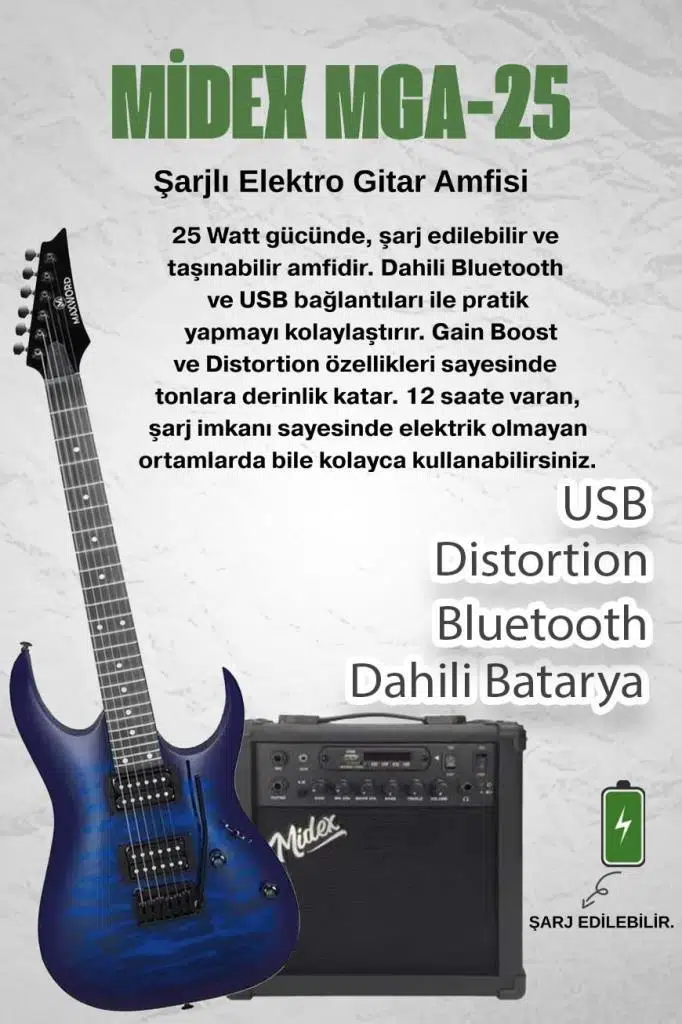 Maxword Grade-25AMP Blue Rosewood Yüksek Kalite 25W Amfili Elektro Gitar