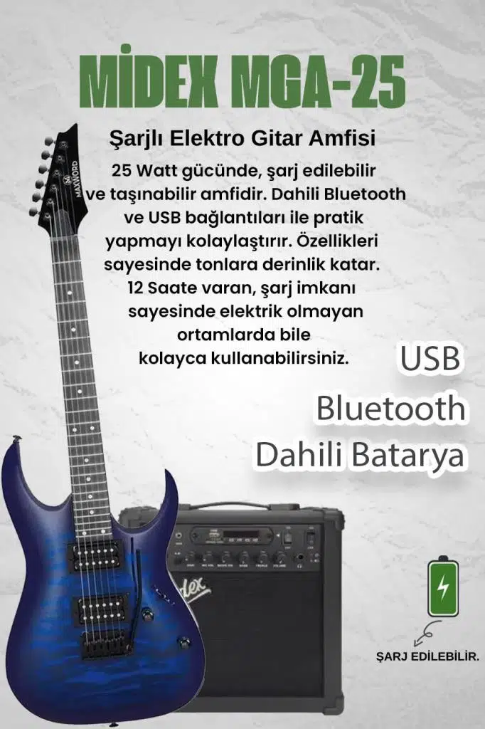 Maxword Grade-25AMP Blue Rosewood Yüksek Kalite 25W Amfili Elektro Gitar