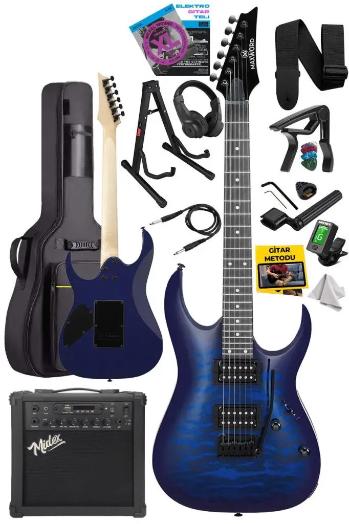 Maxword Grade-25AMP Blue Rosewood Yüksek Kalite 25W Amfili Elektro Gitar