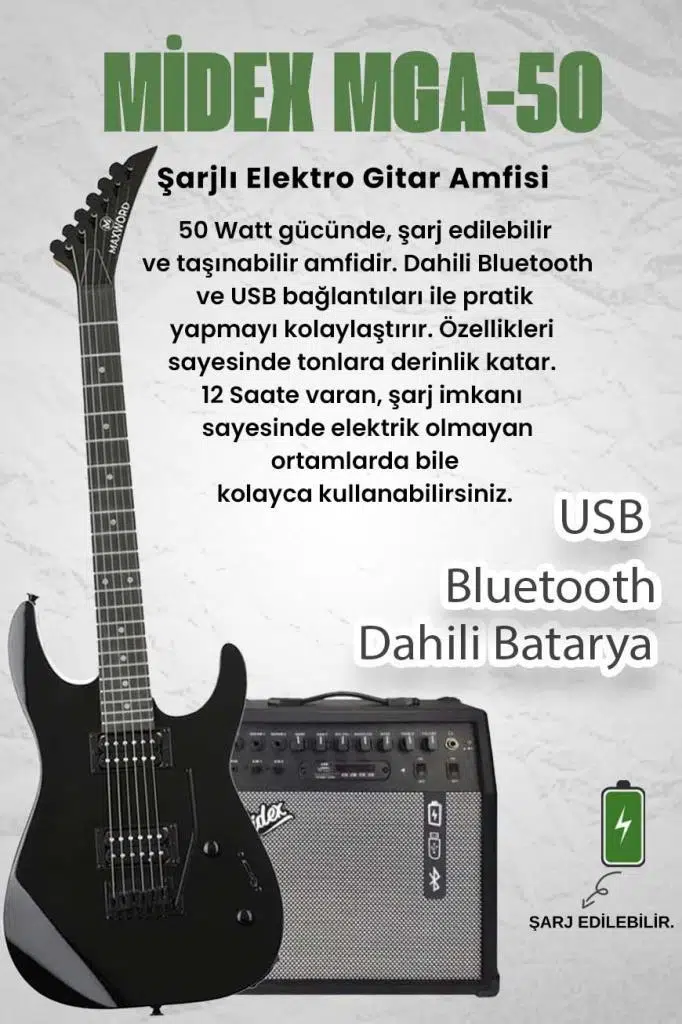 Maxword Grade-50AMP Black Rosewood Yüksek Kalite 50W Amfili Elektro Gitar