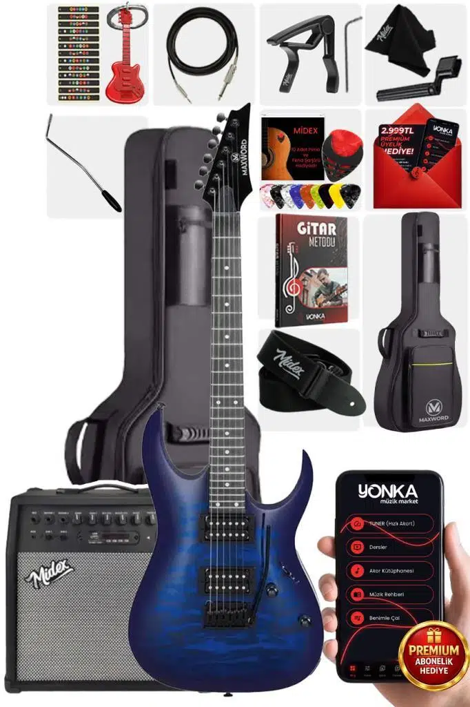 Maxword Grade-50AMP Blue Rosewood Yüksek Kalite 50W Amfili Elektro Gitar