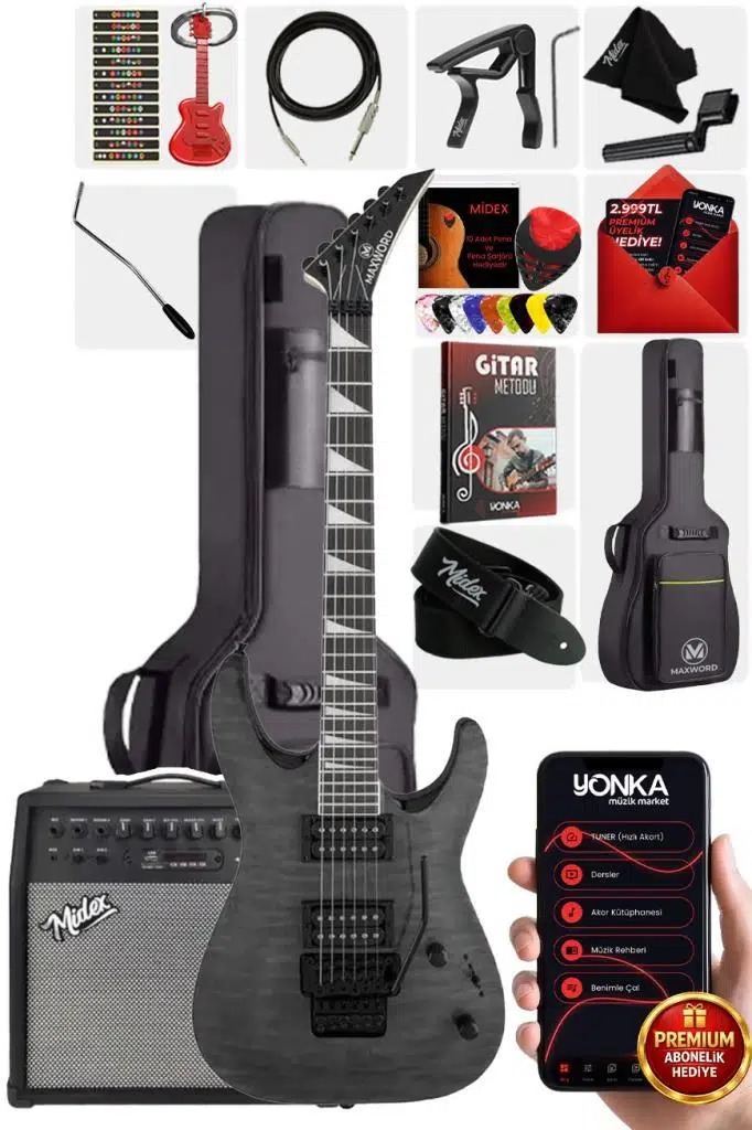 Maxword Grade-50AMP Gray Rosewood Yüksek Kalite Floyde Rose 50W Amfili Elektro Gitar