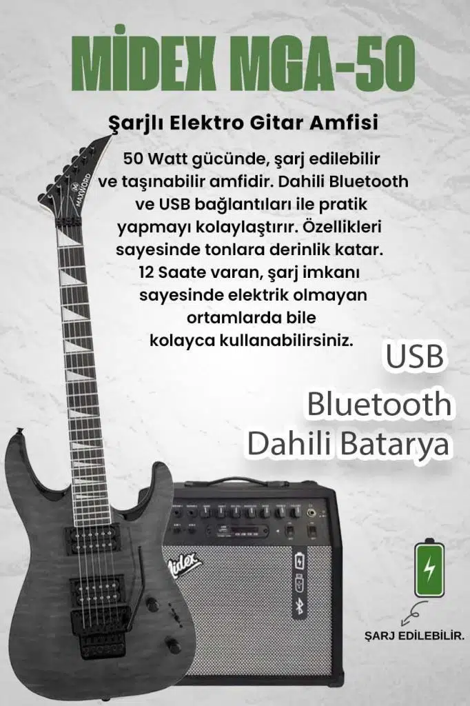 Maxword Grade-50AMP Gray Rosewood Yüksek Kalite Floyde Rose 50W Amfili Elektro Gitar