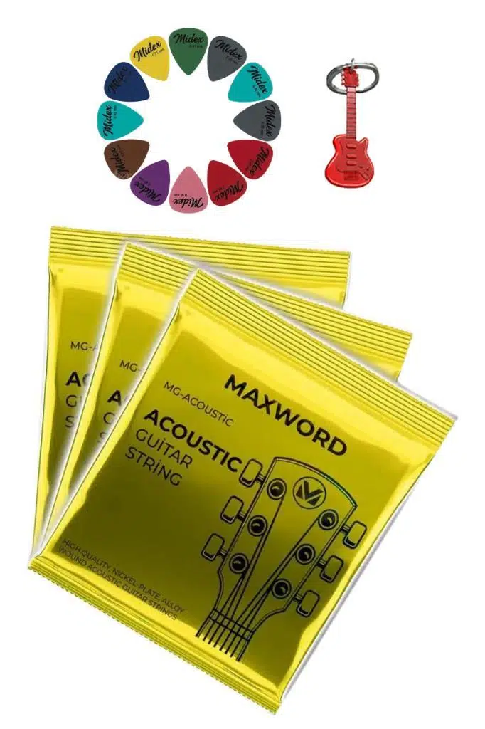 Maxword GT-Acoustic-3X Kaliteli Akustik Gitar Teli 3 Takım Set (12 Pena Hediye)
