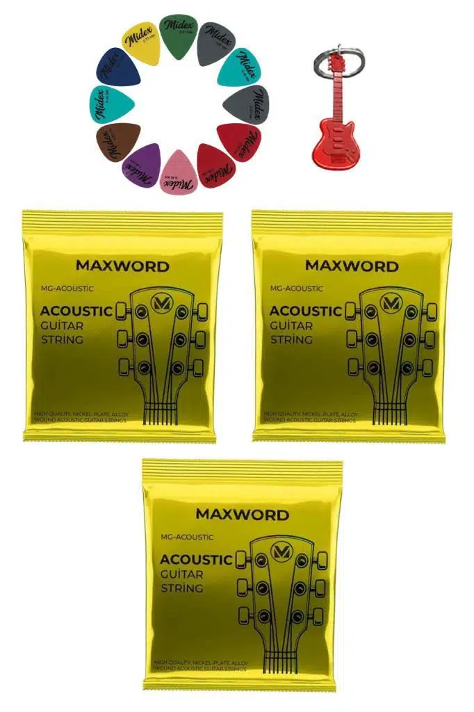 Maxword GT-Acoustic-3X Kaliteli Akustik Gitar Teli 3 Takım Set (12 Pena Hediye)